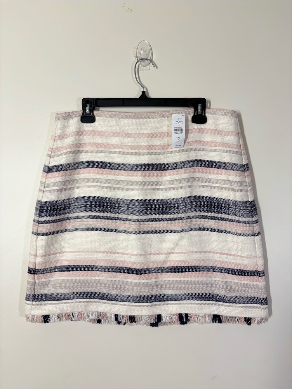 LOFT Striped Fringe Tweed Mini Skirt Size 12 Pink Navy Ivory NWT